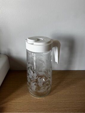 White Floral Glass Pitcher with Pour Lid